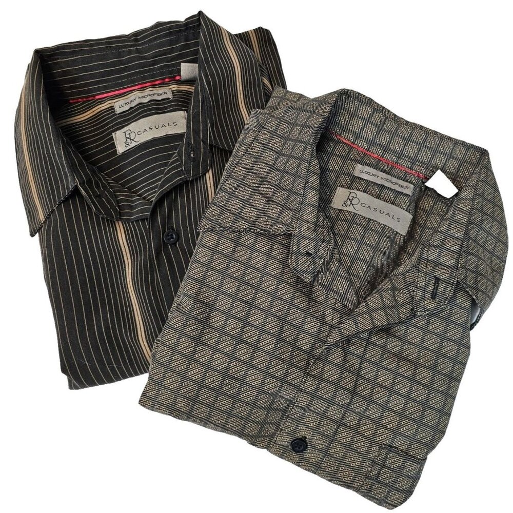 RR Casuals Men M‎ Dark Gray Yellow Stripe Natural Tone Casual Button Down Shirts